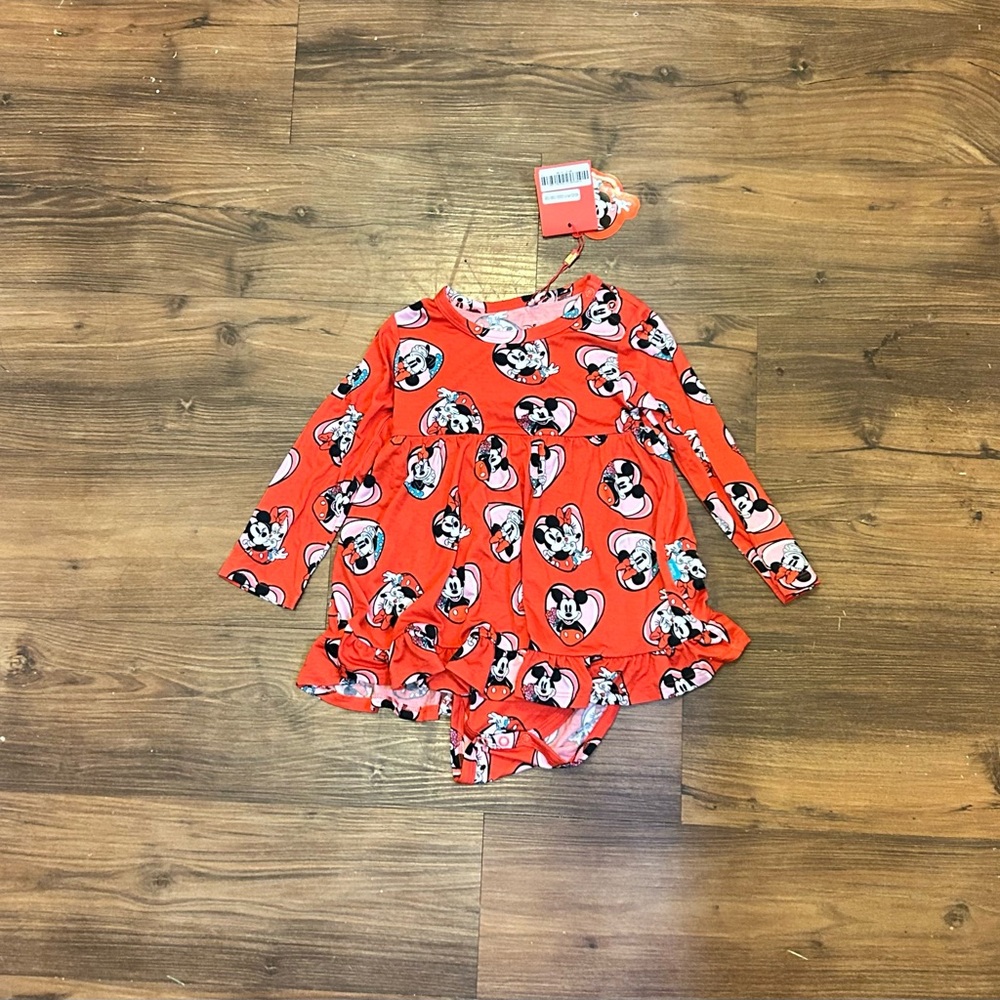 Posh Peanut Mickey Mouse and Minnie Valentines Red Long Sleeve Ruffled Bodysuit